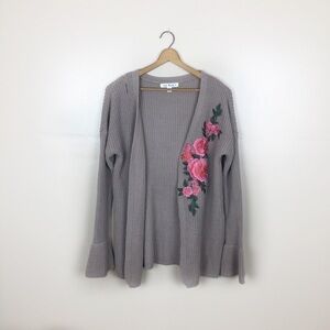 Mauve Medium Open Front Embroidered Floral Knit Cardigan